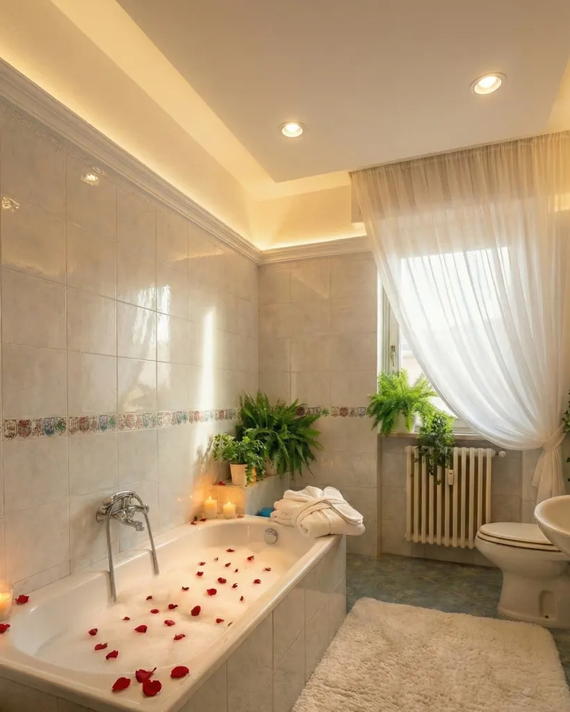 Vasca da bagno circondata da petali di rosa e candele accese, per un momento di relax.