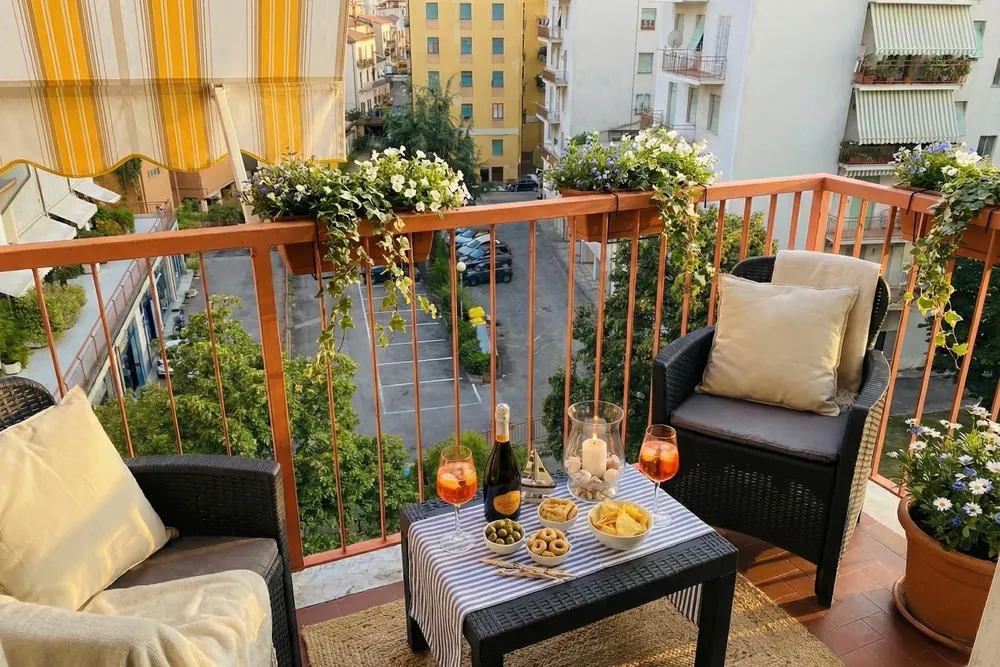 Terrazza di Casa Aulla apparecchiata con due spritz all'ora dell'aperitivo