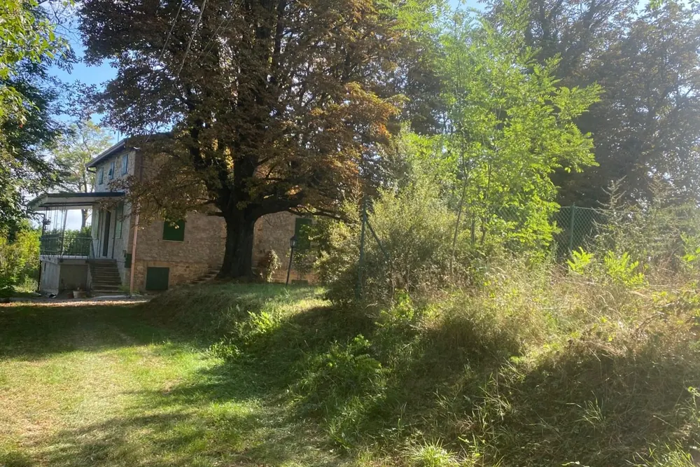 La casa in pietra a due piani con persiane verdi accanto a un grande castagno secolare, tra i prati dell'Appennino parmense.